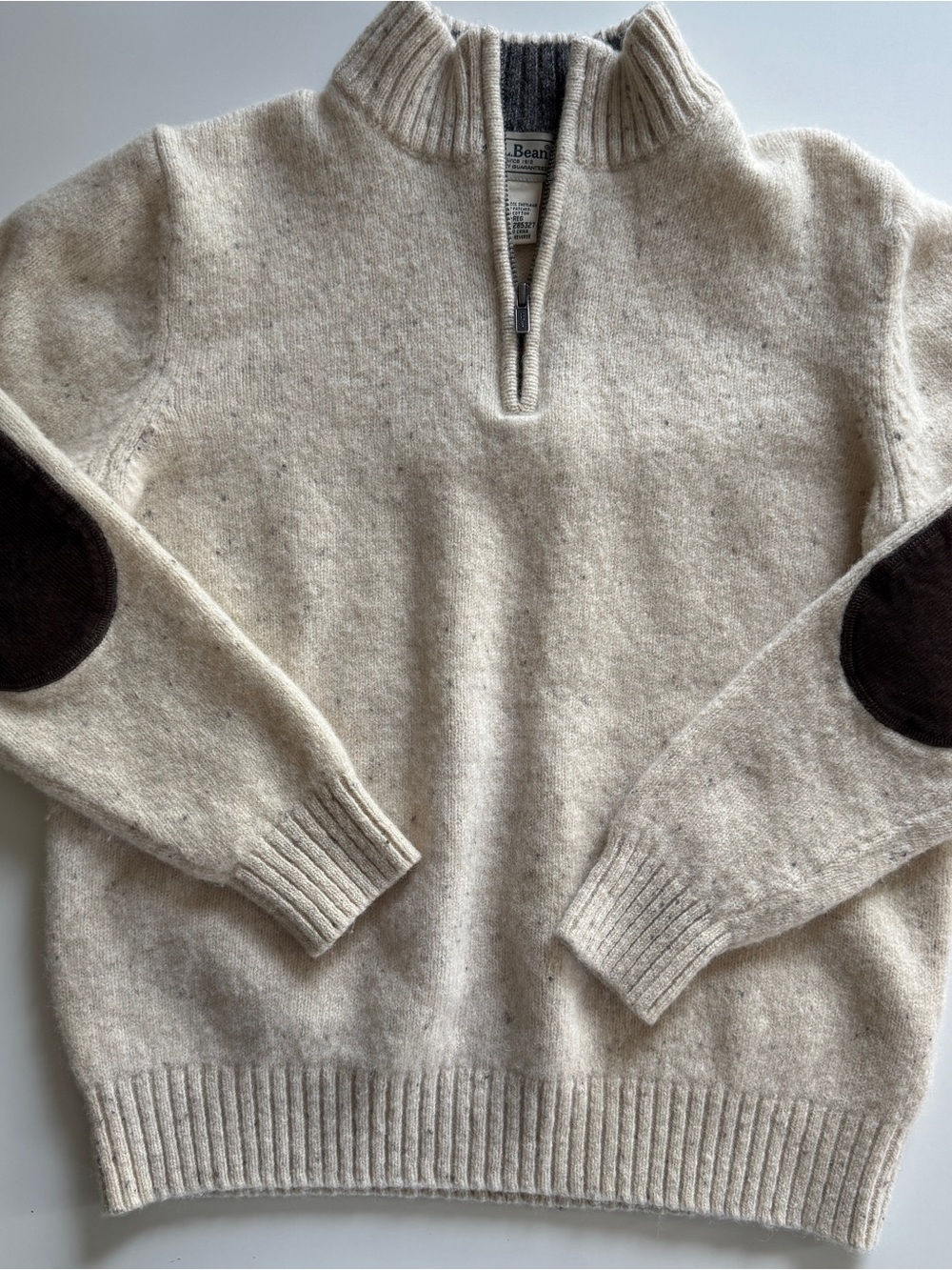 LL Bean Sweater Mens M Oatmeal Ragg Shetland Wool Elbow Patch Quarter Zip